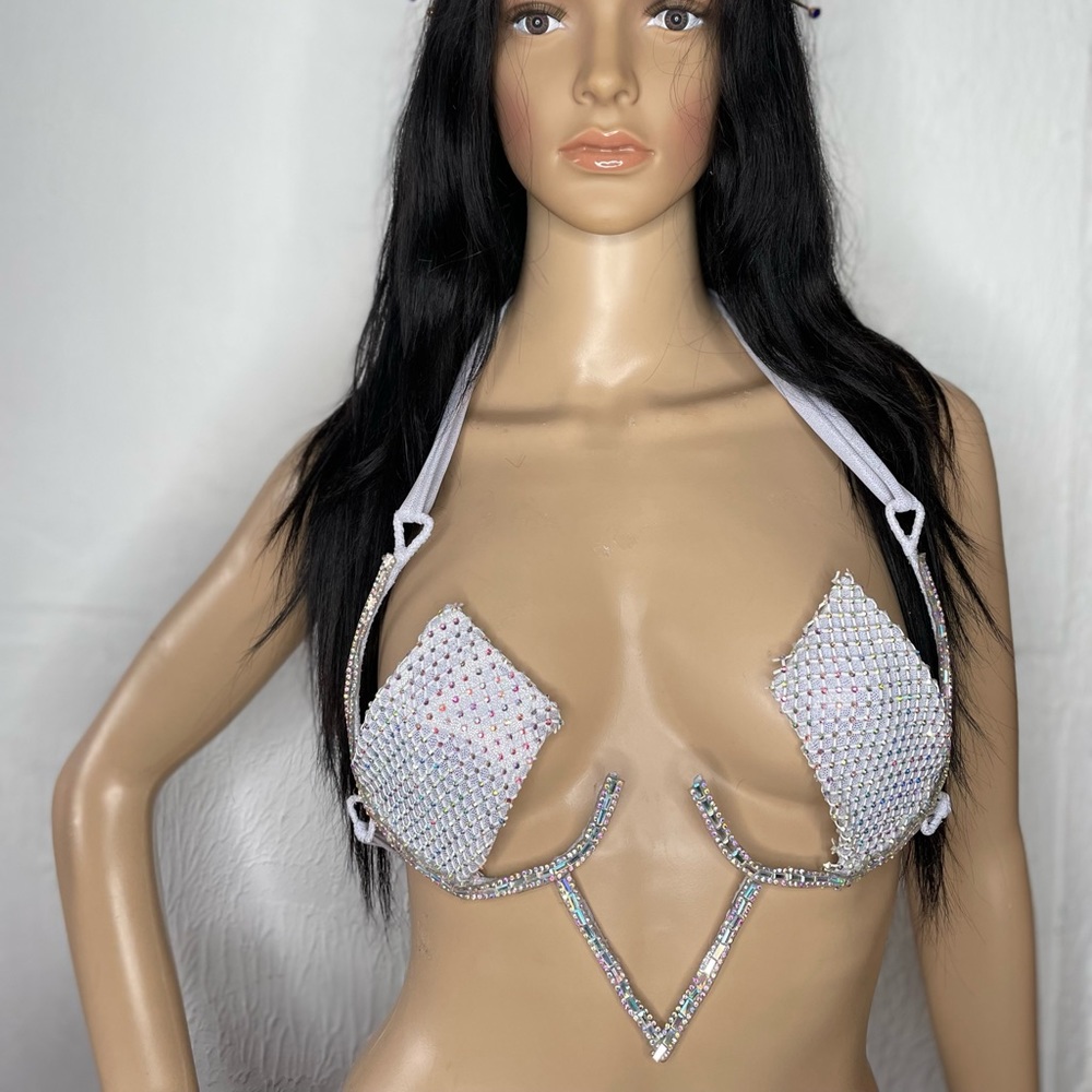 White Iridescent Rhinestone Carnival Wore Bra - B Cup